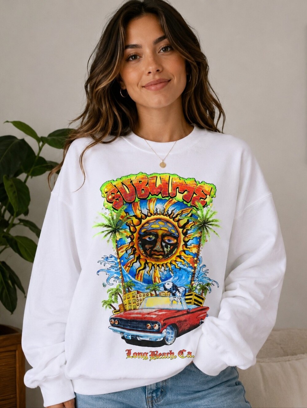 NWT Sublime Long Beach CA Sun Graphic Crewneck Sweatshirt White XL Unisex